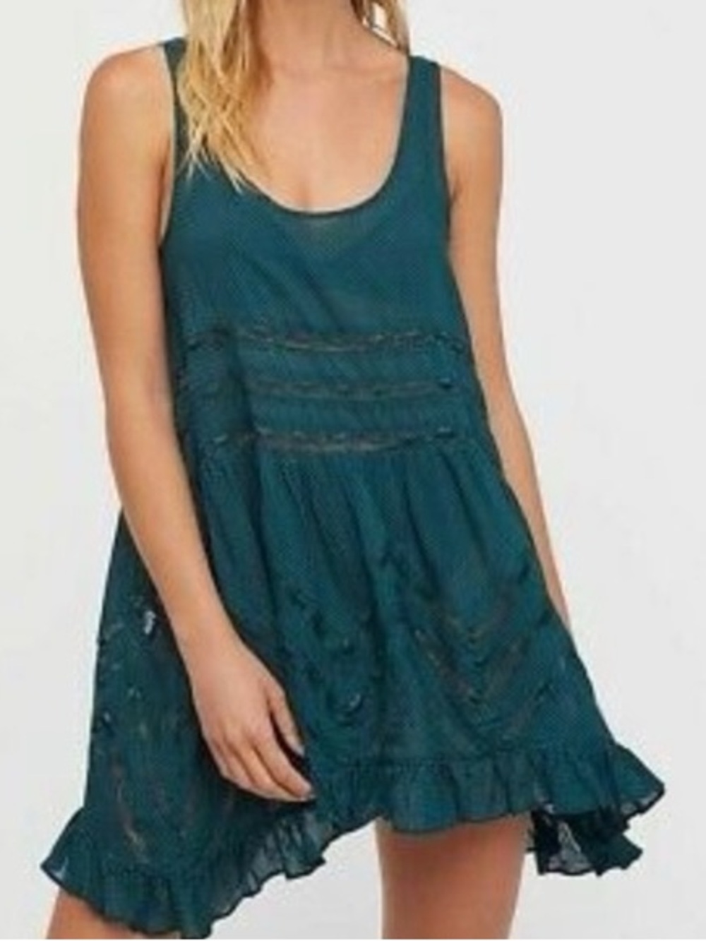 Free People Teal Scoop Neck Ruffled Mini Dress